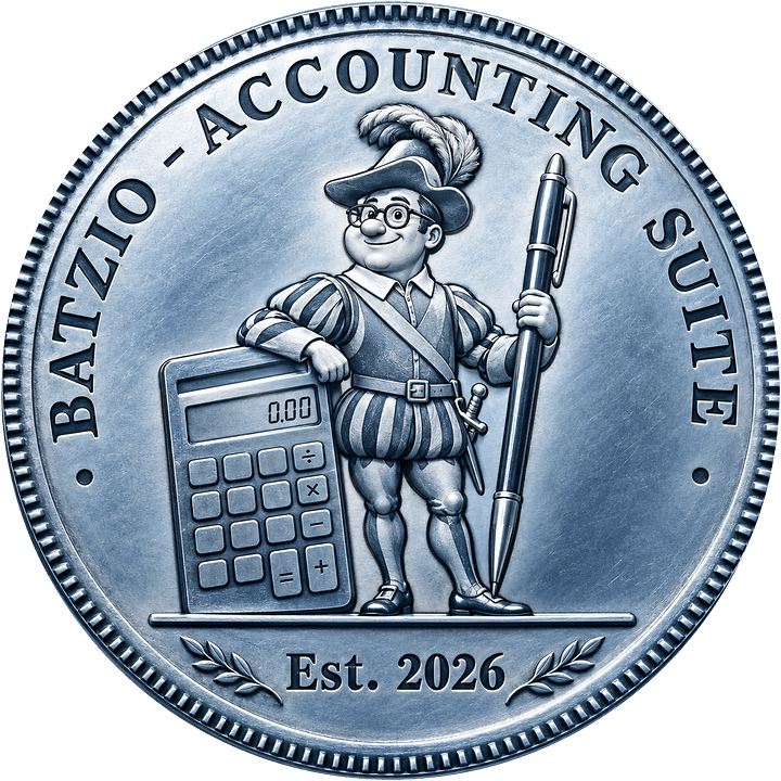 Batzio coin: a Swiss guard with a calculator and a pen — “Batzio – Accounting Suite, Est. 2026”